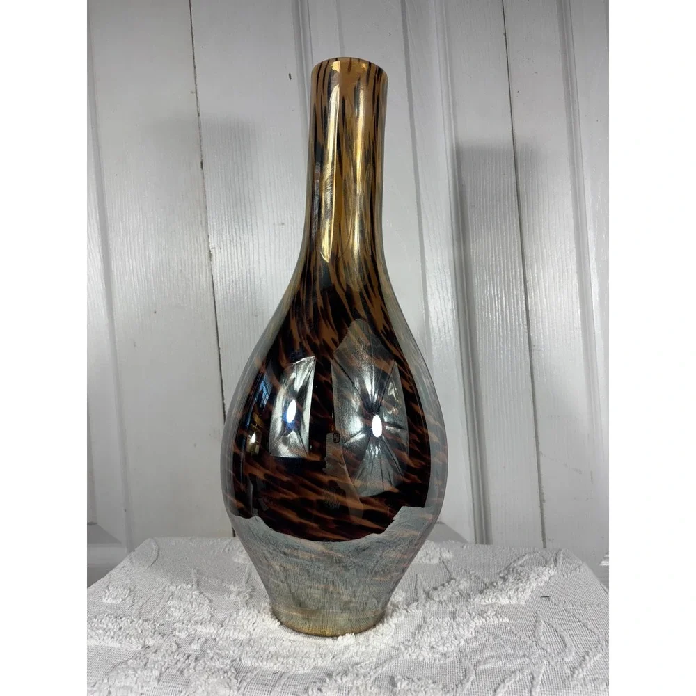 Brown Gold Art Glass Vase Tiger Stripe Pattern Accent Piece Large